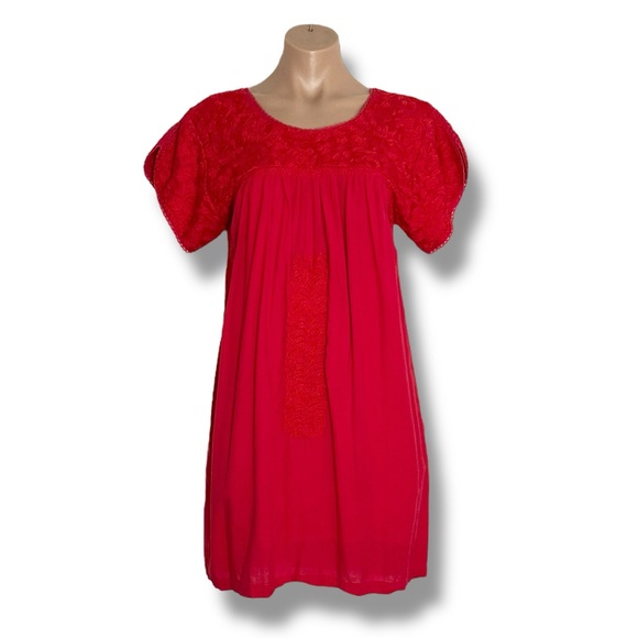 J.MARIE RED EMBROIDERED RUFFLE SHIFT DRESS SZ L - Picture 2 of 9
